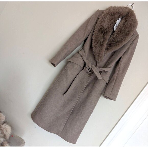 ZARA WOMAN TAUPE BROWN MINK FAUX FUR WOOL BLEND LAPEL COLLAR COAT NWT 9225/147 - Picture 6 of 15